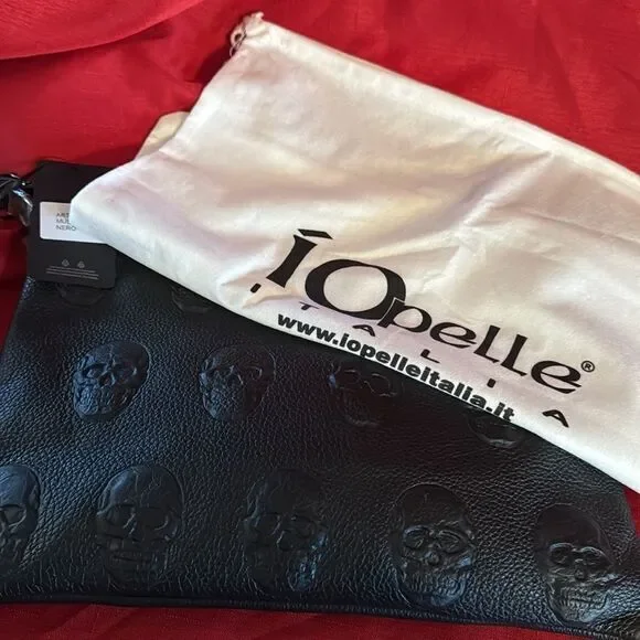 Impeller Black Skull Embossed italian leather crossbody Bag